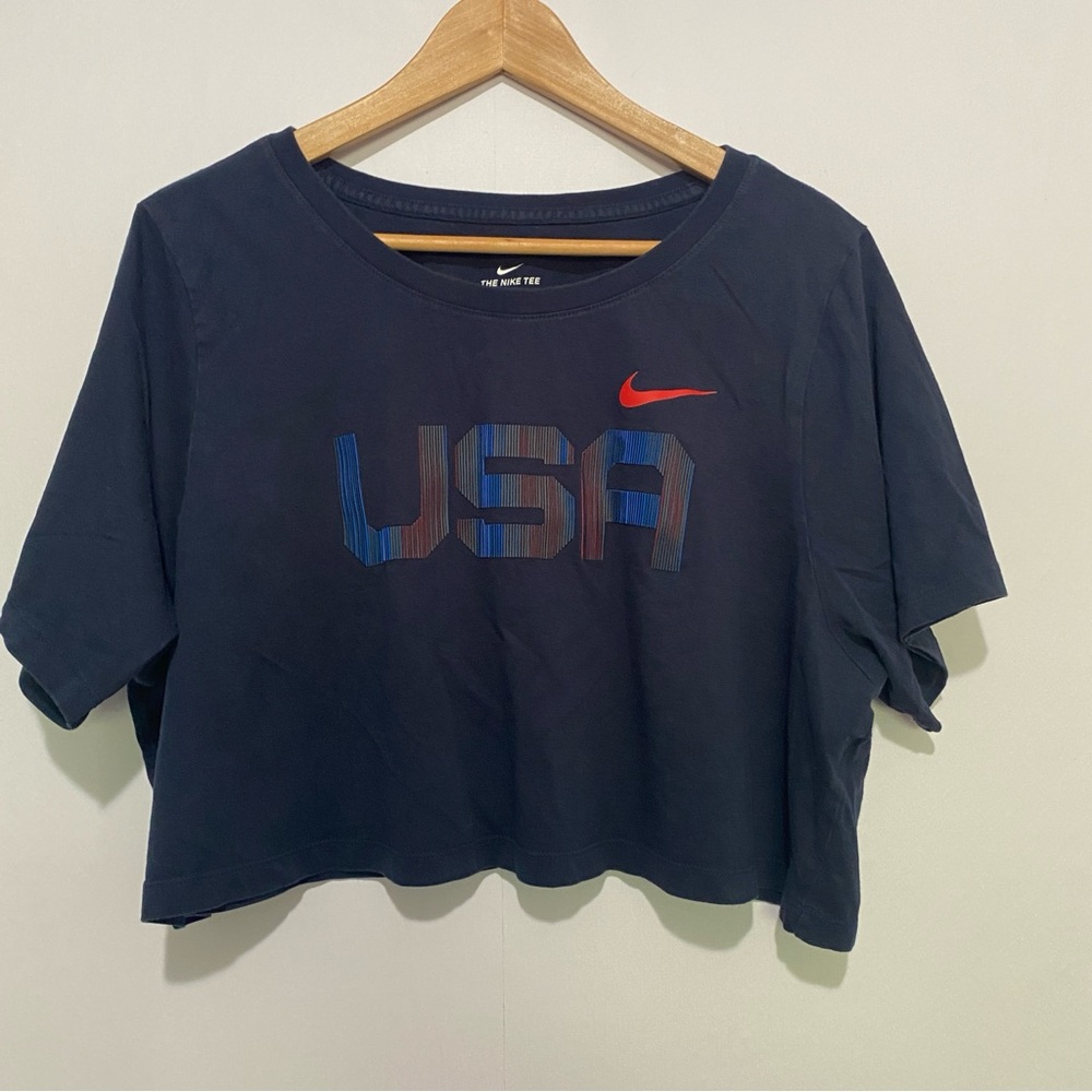 Nike USA Crop Top Womens 1X Navy Blue Graphic Swoosh Athletic Tee Organic Cotton